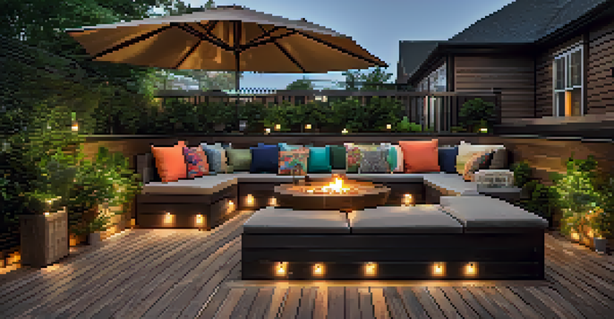 An outdoor deck made from eco-friendly materials, featuring built-in seating, an outdoor kitchen, and surrounding greenery under soft string lights.