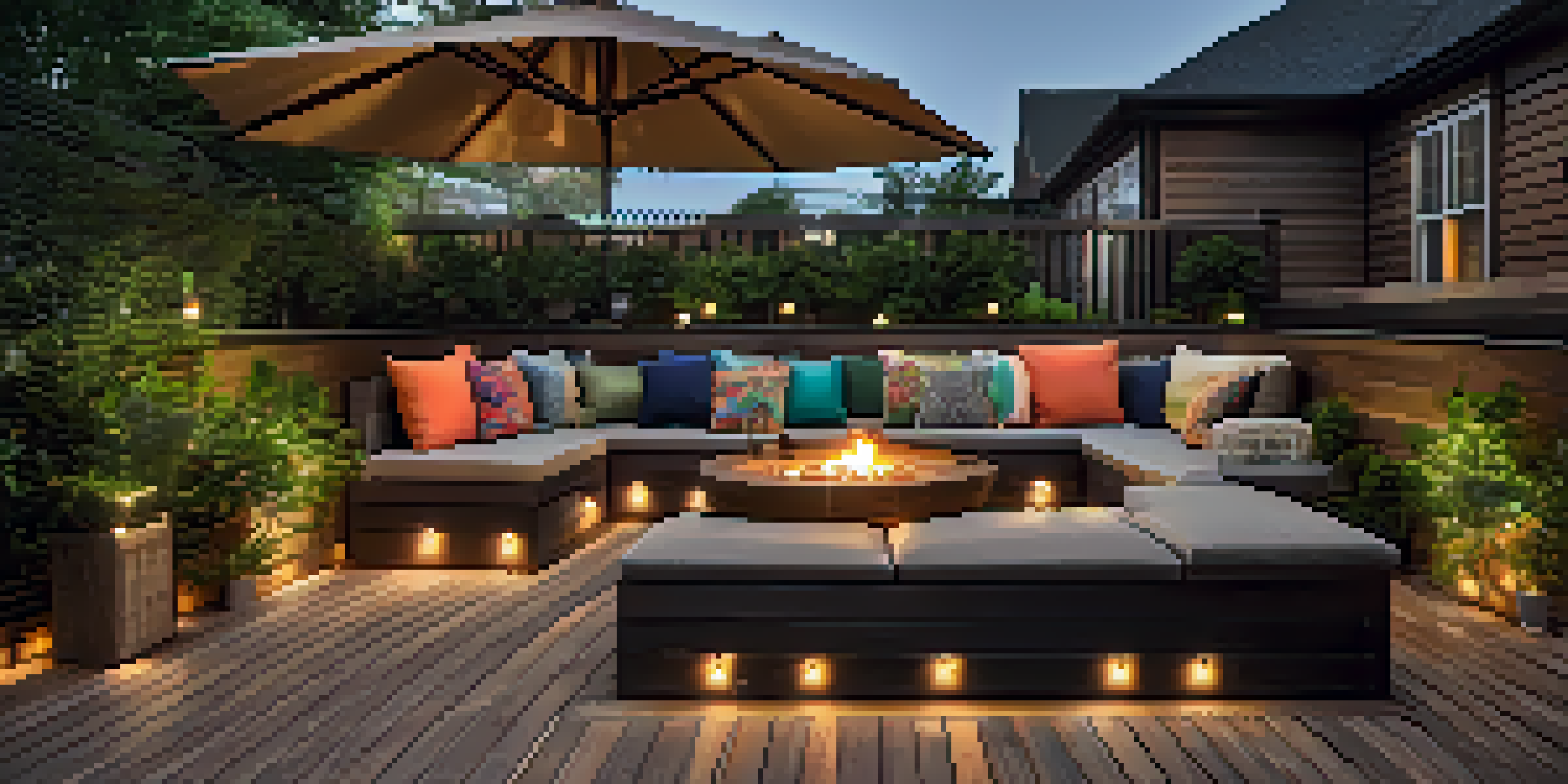 An outdoor deck made from eco-friendly materials, featuring built-in seating, an outdoor kitchen, and surrounding greenery under soft string lights.