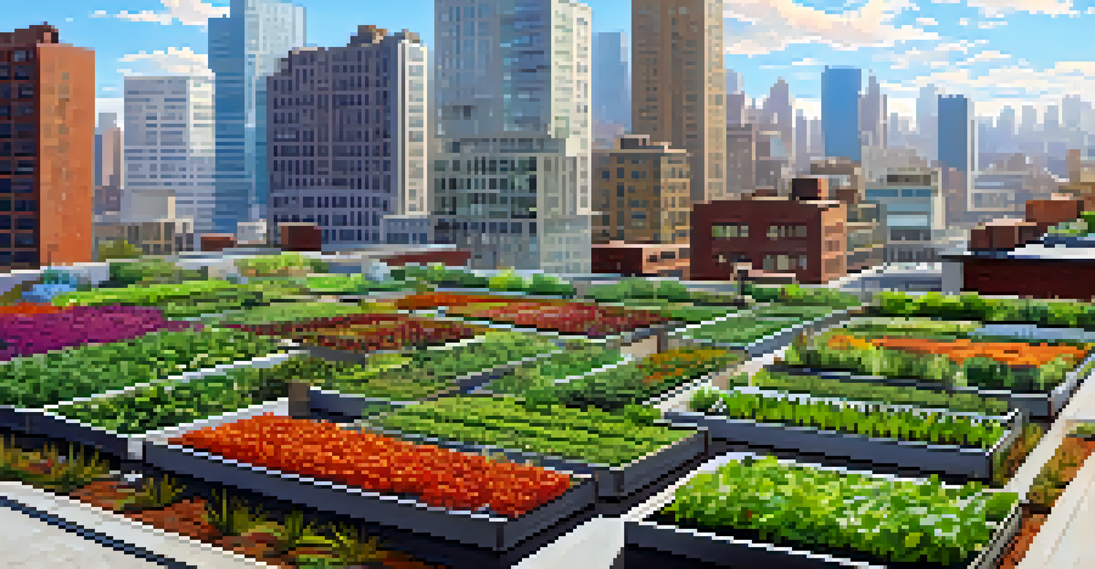 Aerial view of a lush rooftop garden with plants and city skyline in the background under a clear blue sky.