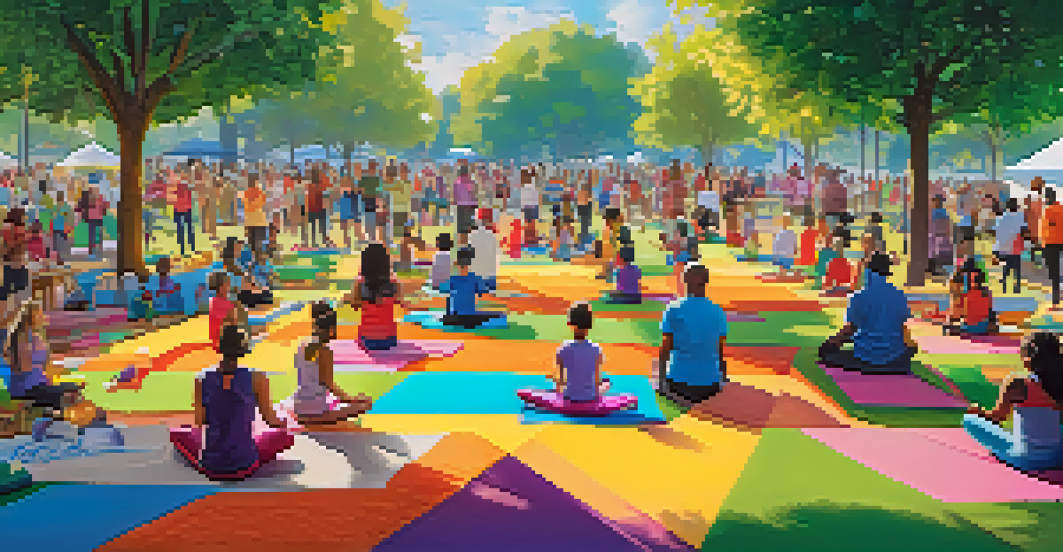 A lively community event in a park with diverse residents engaging in various activities, promoting safety and unity.