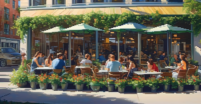 A lively café near a college campus filled with young people at tables, surrounded by plants and flowers, under warm sunlight.