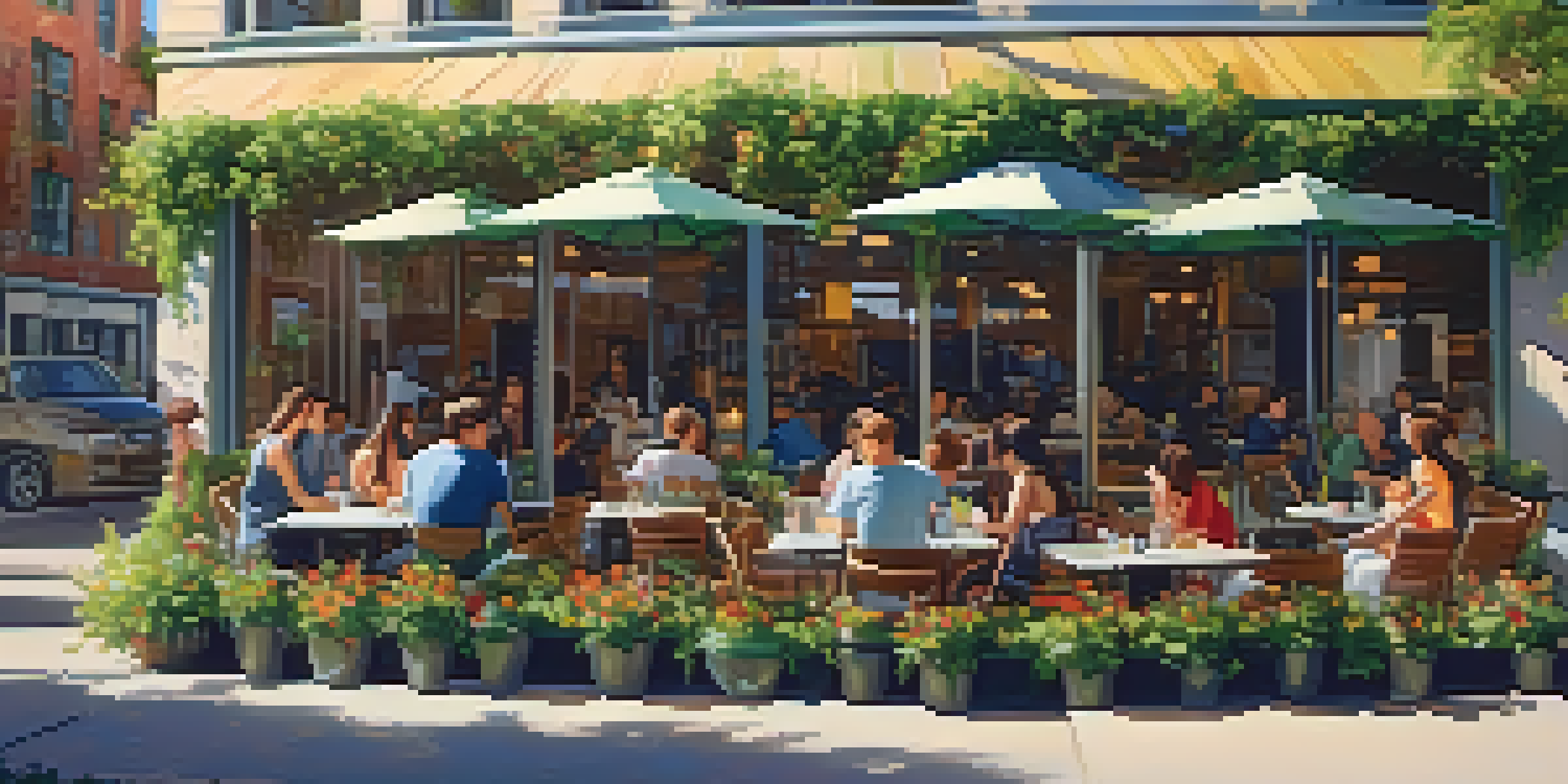 A lively café near a college campus filled with young people at tables, surrounded by plants and flowers, under warm sunlight.