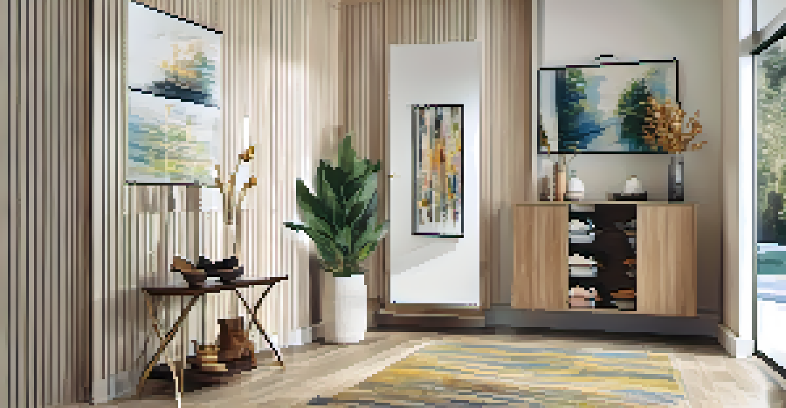 A modern entryway with luxury vinyl flooring, a shoe cabinet, a mirror, and bright artwork, illuminated by overhead lights.