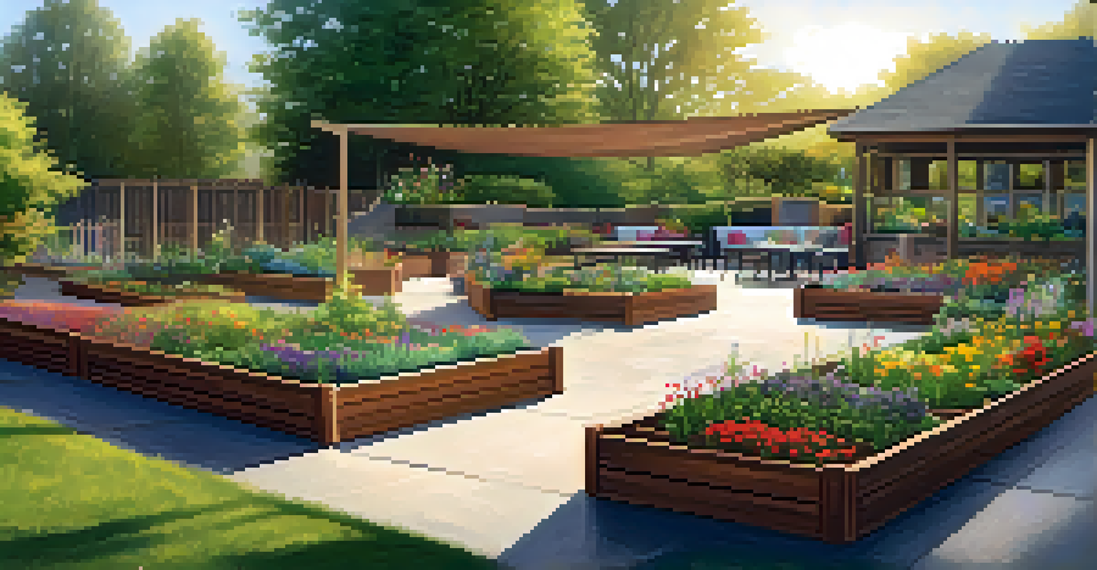 An accessible outdoor garden with raised beds and wide pathways, featuring diverse seating options surrounded by colorful flowers.