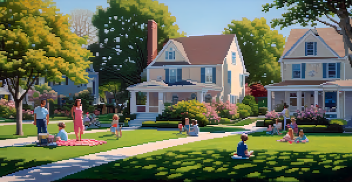 A peaceful suburban neighborhood with a park, flowers, and a family having a picnic under an oak tree.