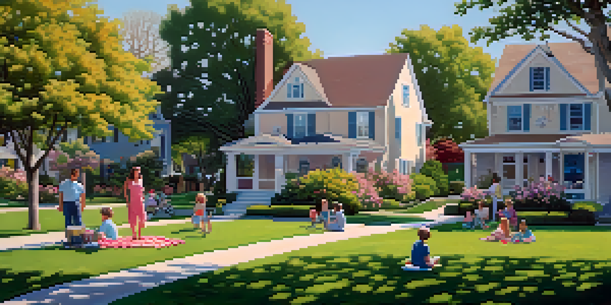 A peaceful suburban neighborhood with a park, flowers, and a family having a picnic under an oak tree.