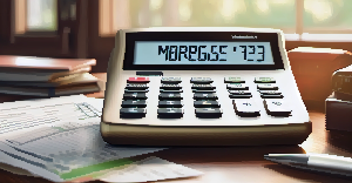 A modern mortgage calculator placed on a wooden desk, surrounded by financial documents and a traditional calculator, illuminated by soft natural light.