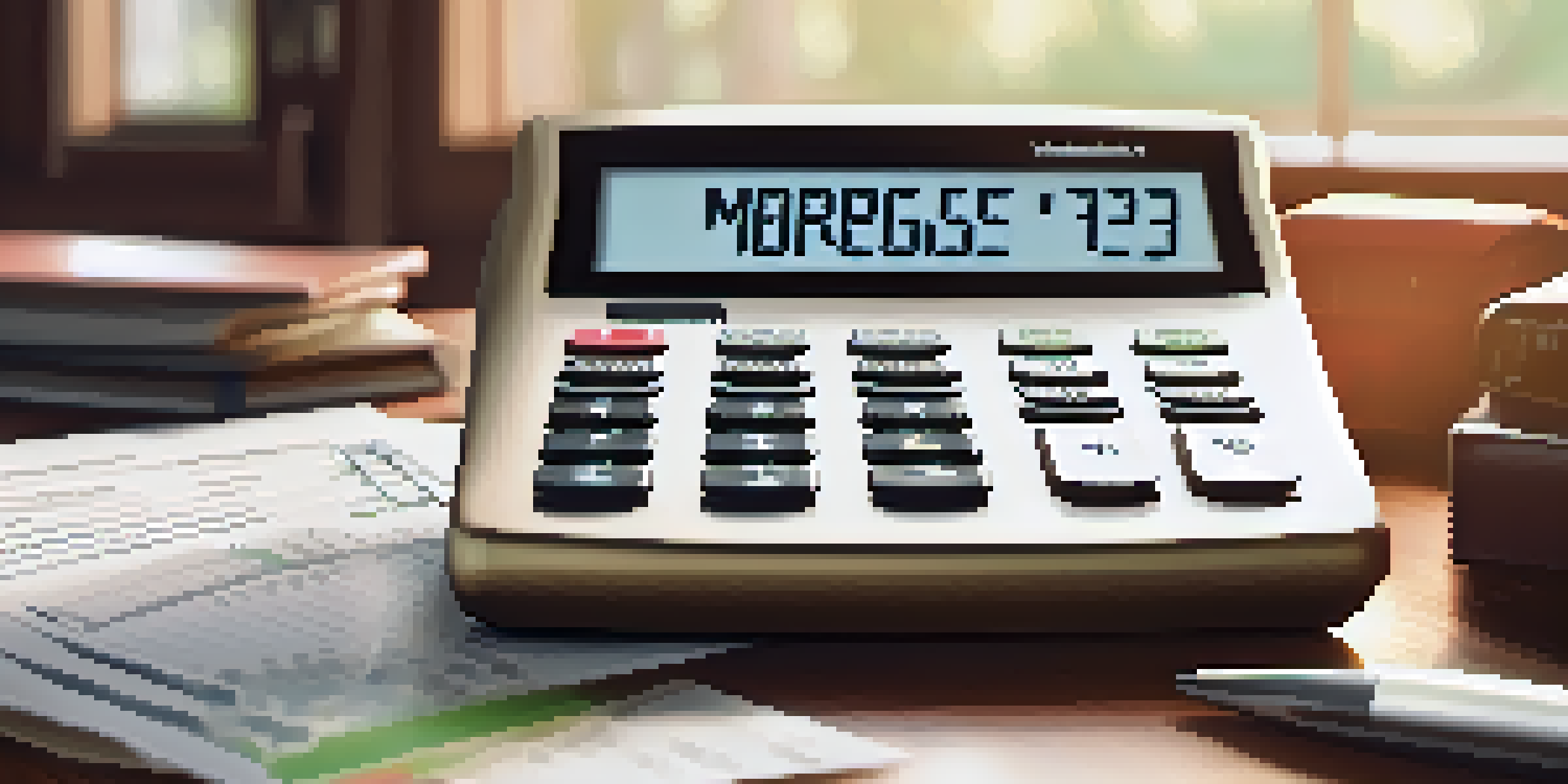 A modern mortgage calculator placed on a wooden desk, surrounded by financial documents and a traditional calculator, illuminated by soft natural light.