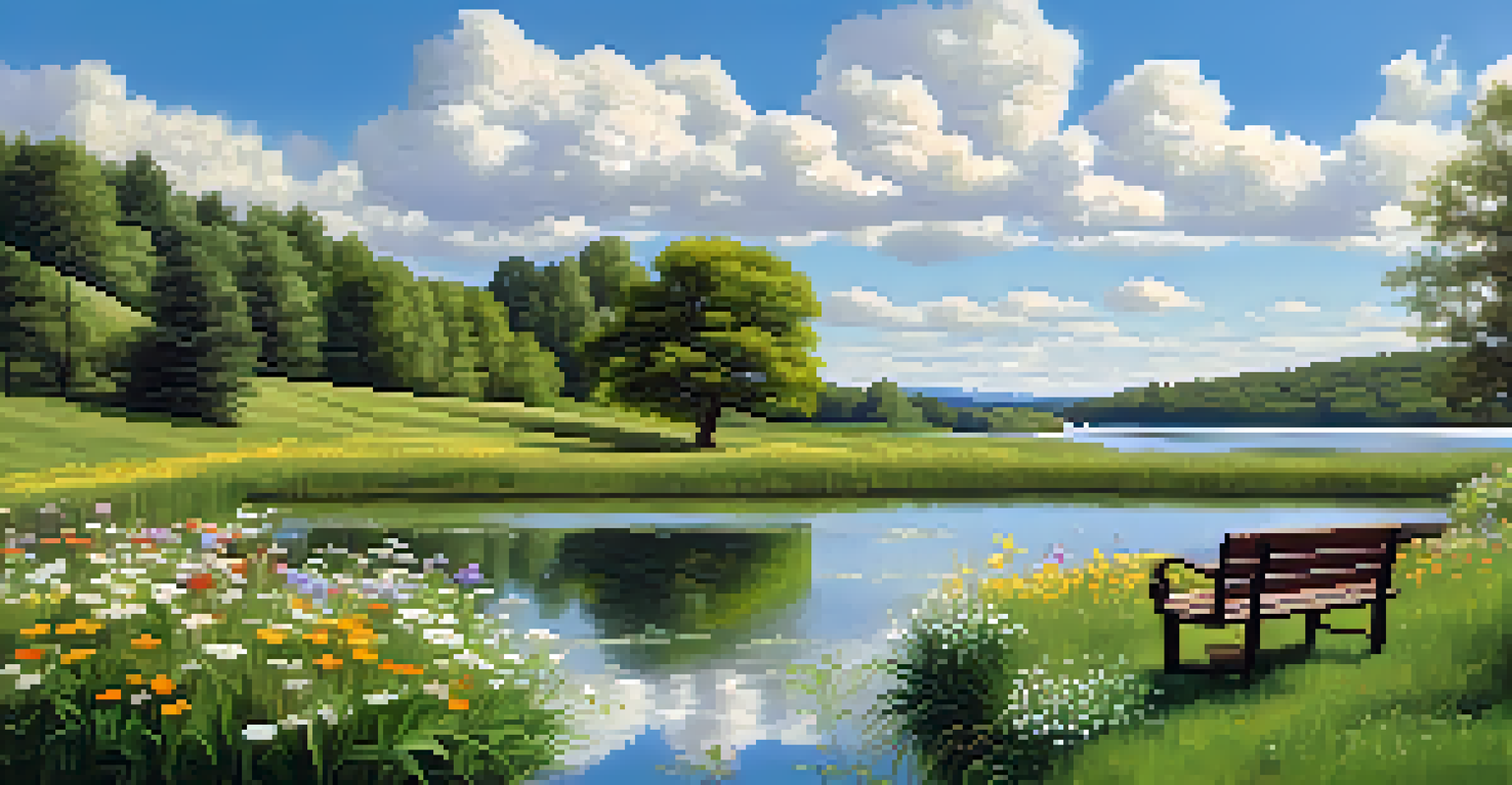 A peaceful landscape with green hills, a blue sky with clouds, a reflective pond, and colorful wildflowers by the water.