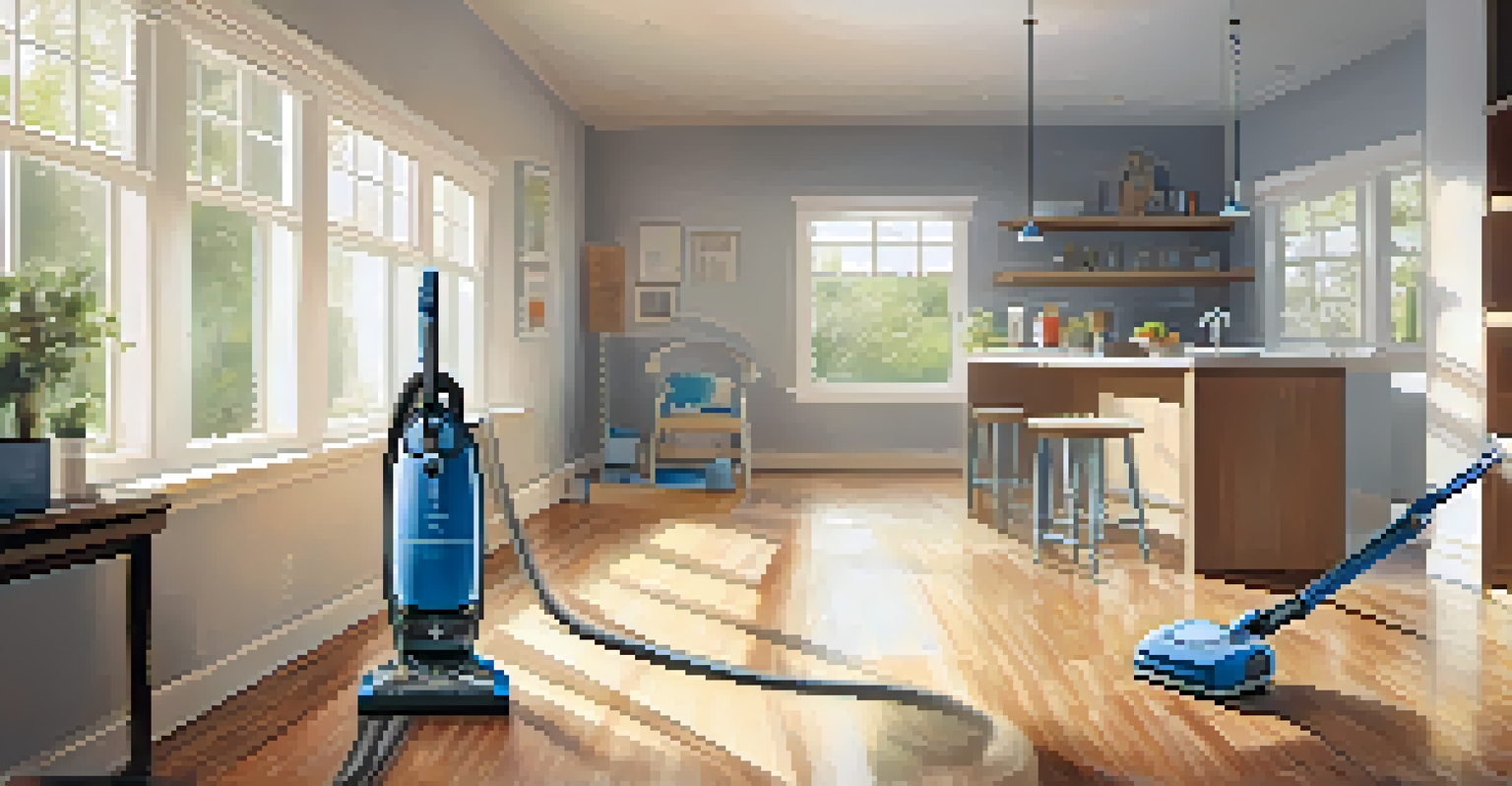 A bright cleaning area with a person vacuuming, sunlight filtering through the windows, showcasing a clean and organized space.