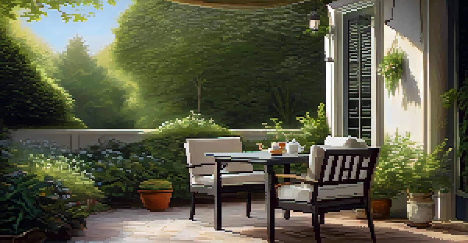 A serene outdoor patio with comfortable seating and a table set for tea, surrounded by lush greenery and bathed in soft morning light.