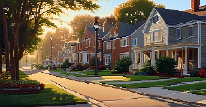 A peaceful neighborhood with diverse homes and lush gardens during sunset.
