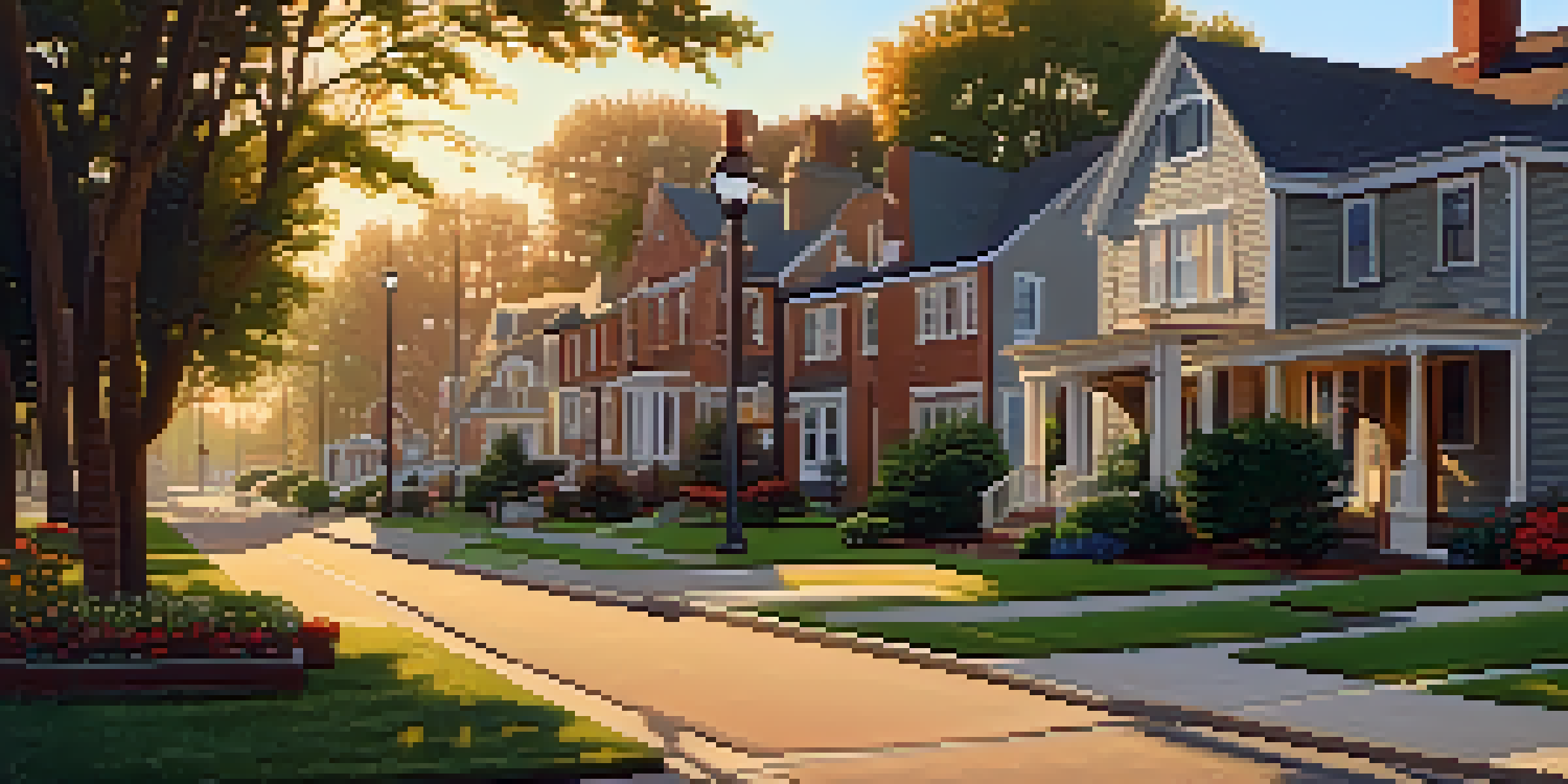 A peaceful neighborhood with diverse homes and lush gardens during sunset.