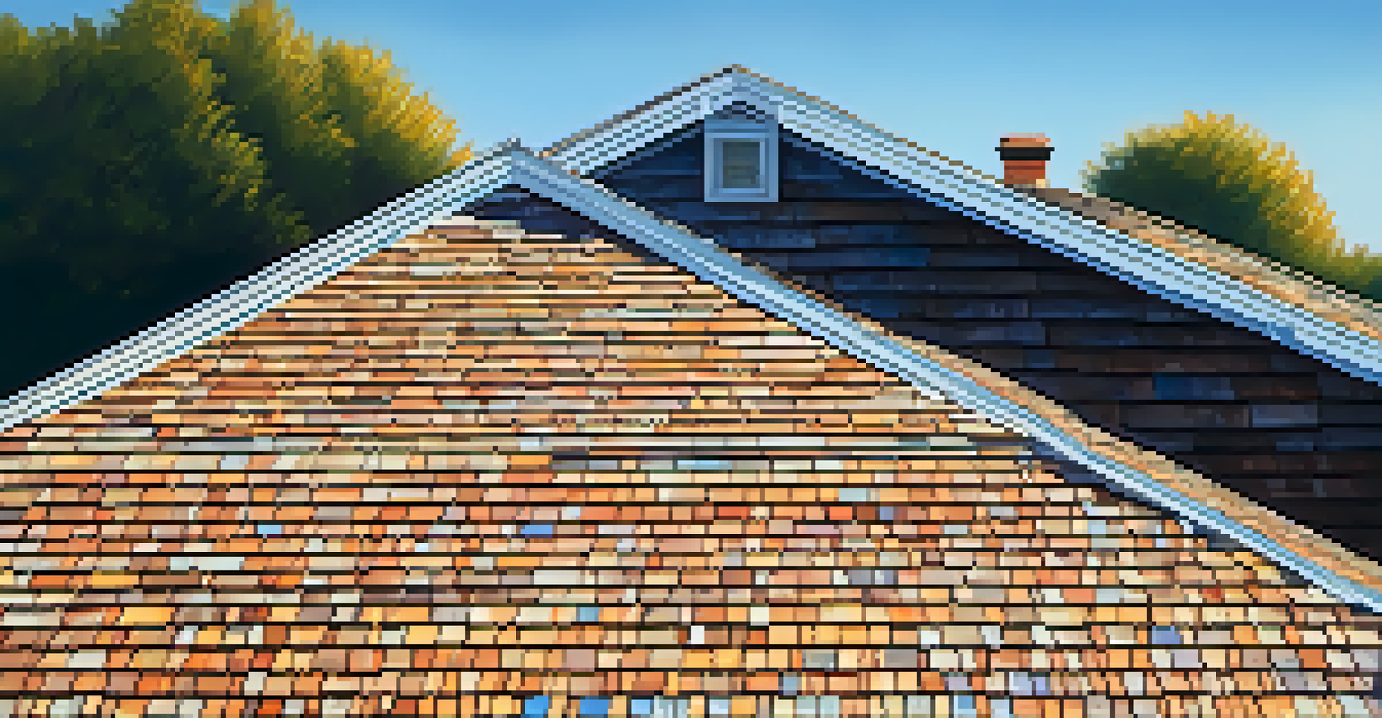 A detailed view of a colorful roof with a ladder nearby, set against a clear blue sky.