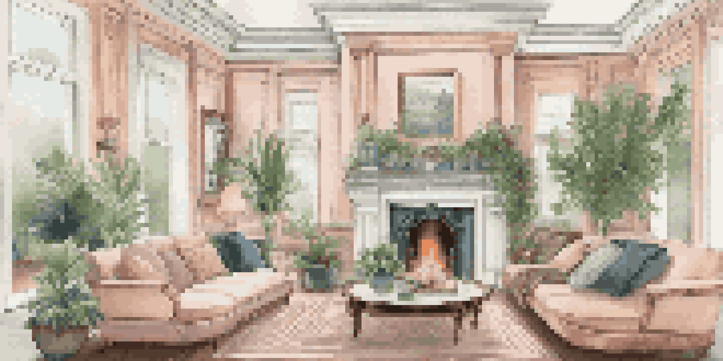 A contemporary living room with a Victorian fireplace mantel, large windows, pastel walls, and plush furniture, filled with natural light.