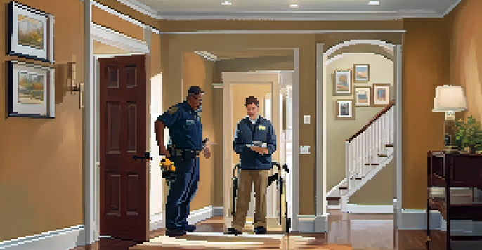 A home inspector reviewing a wheelchair-accessible entrance, highlighting accessibility features.