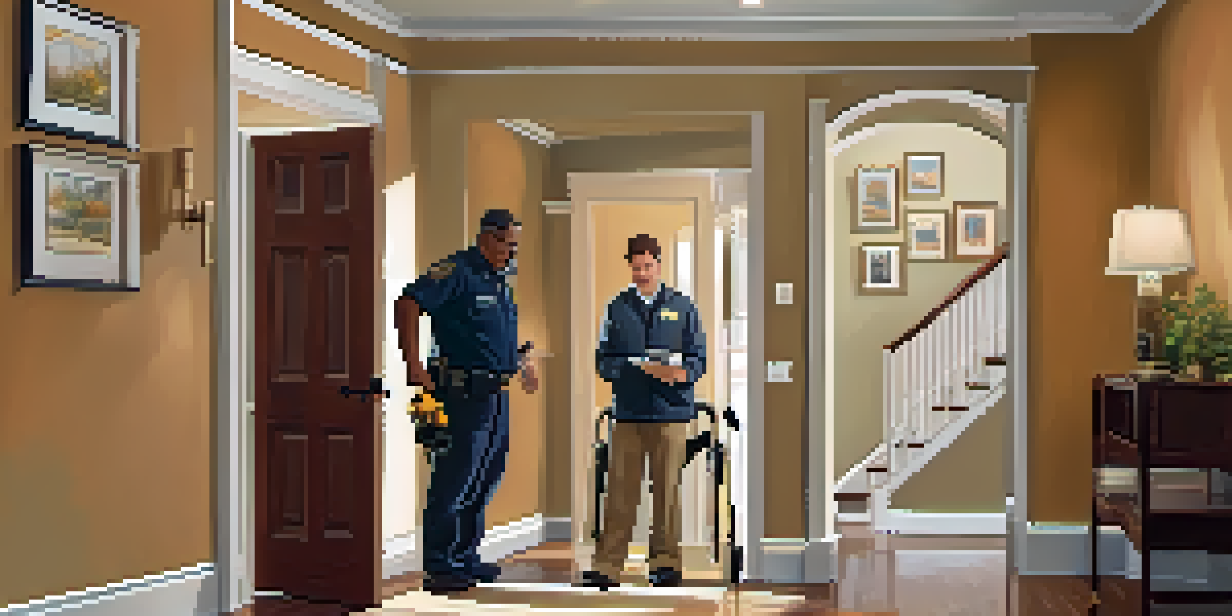 A home inspector reviewing a wheelchair-accessible entrance, highlighting accessibility features.