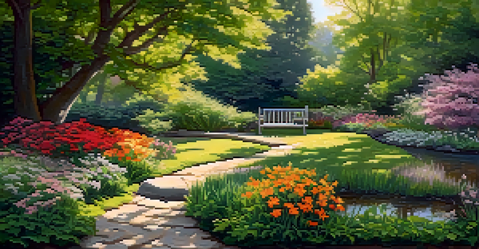 A beautiful garden filled with blooming flowers and a small stone pathway leading to a wooden bench under the shade of trees.