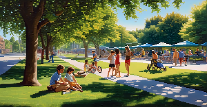 A lively urban park filled with greenery, children playing, and families picnicking, with sunlight filtering through the trees.