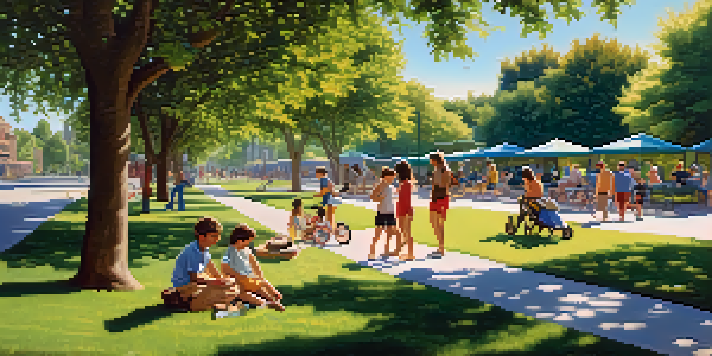 A lively urban park filled with greenery, children playing, and families picnicking, with sunlight filtering through the trees.
