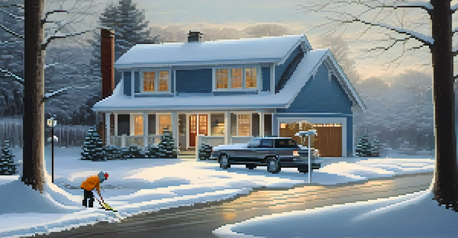 A winter scene of a homeowner shoveling snow from the driveway in front of a house with icicles and an overcast sky.