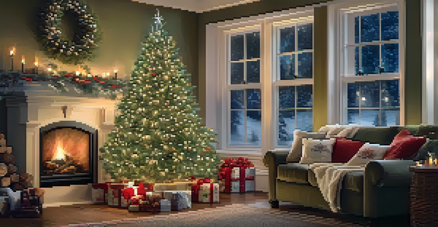 A cozy winter celebration with a decorated Christmas tree and a warm fireplace, surrounded by falling snowflakes outside the window.