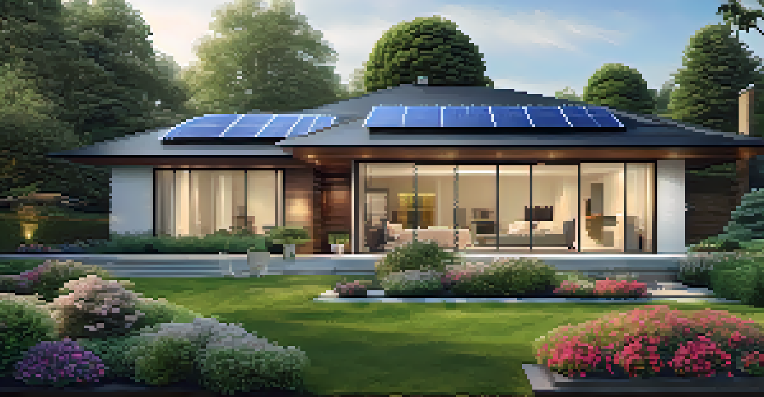 A contemporary house with solar panels and a smart thermostat visible through the window, surrounded by a garden.