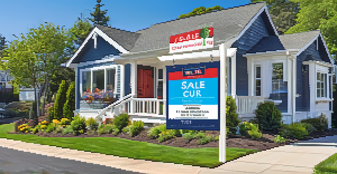A colorful real estate yard sign in front of a picturesque house with a clear 'For Sale' message and a QR code, surrounded by lush greenery on a sunny day.