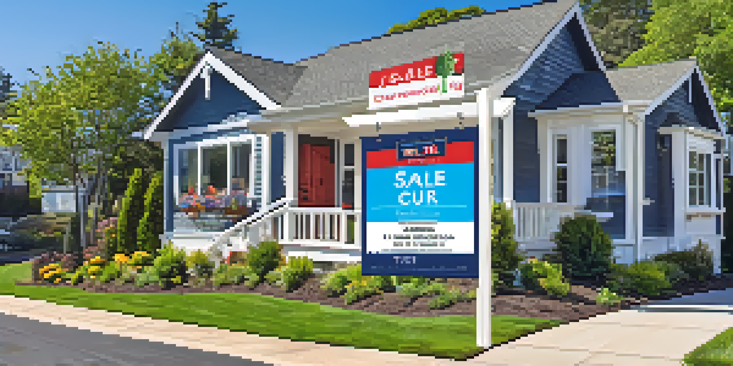 A colorful real estate yard sign in front of a picturesque house with a clear 'For Sale' message and a QR code, surrounded by lush greenery on a sunny day.