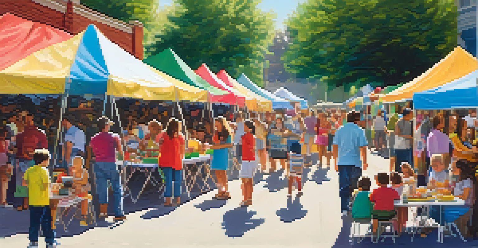 A lively neighborhood festival with families participating in various activities under colorful tents.