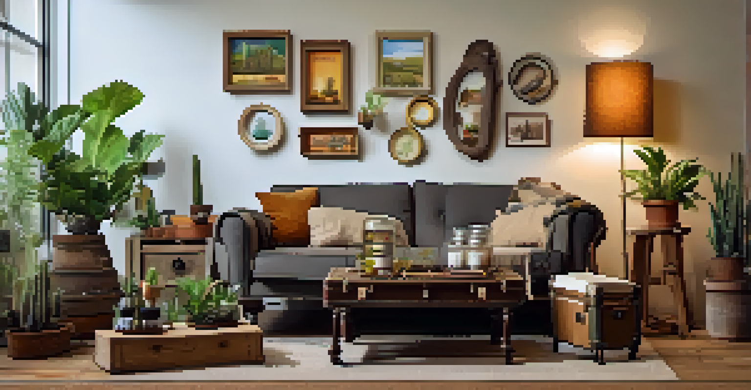 An artistic arrangement of upcycled decor items, including a vintage suitcase coffee table and glass jar lighting, against a minimalist background.