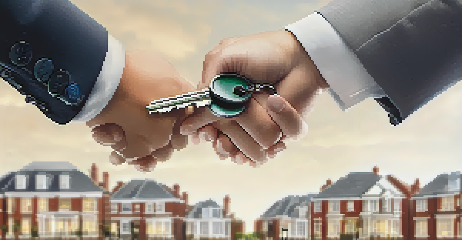 Close-up of hands exchanging a large key with a blurred property background.