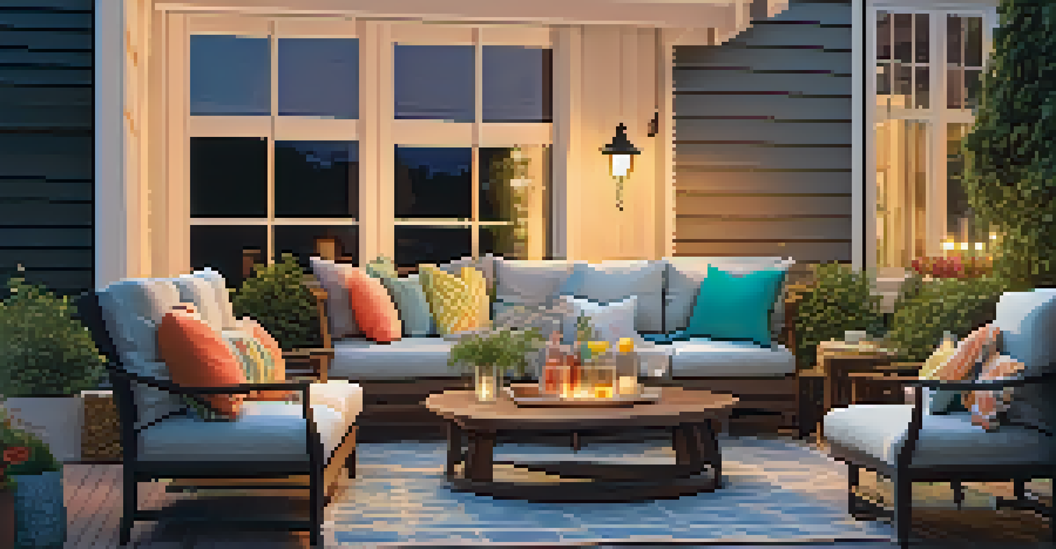 A summer patio with colorful furniture, throw pillows, and string lights for a cozy evening atmosphere.