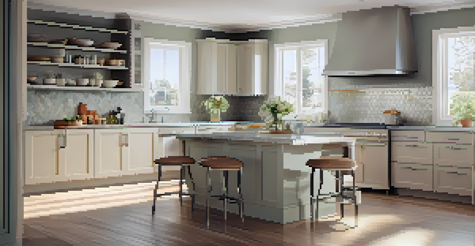 A stylish kitchen with stainless steel appliances, a spacious island, and pastel-colored cabinets.