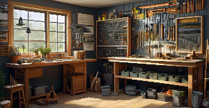 A well-organized home workshop with a wooden workbench, various hand tools, and inspirational decorations.