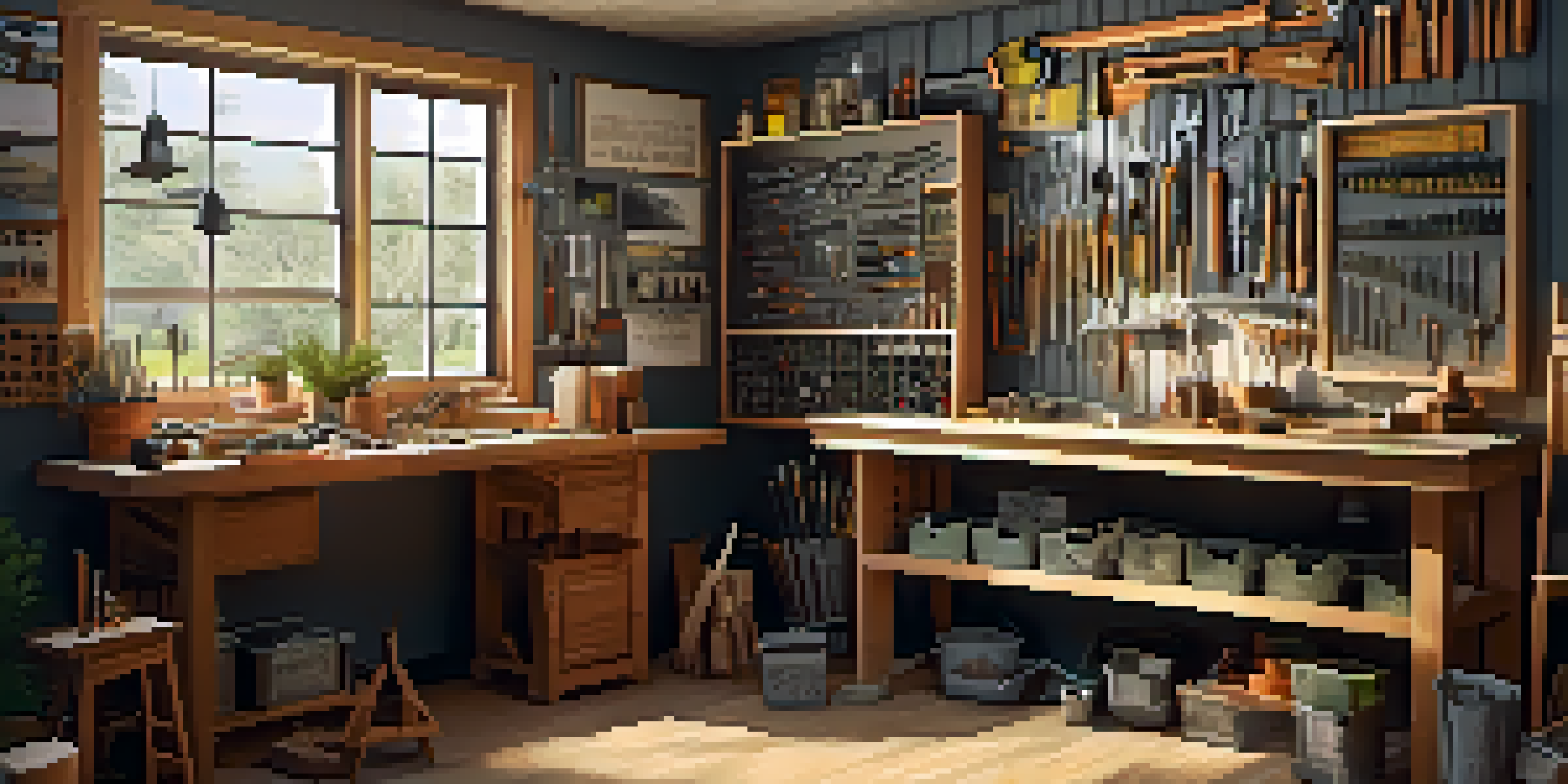 A well-organized home workshop with a wooden workbench, various hand tools, and inspirational decorations.