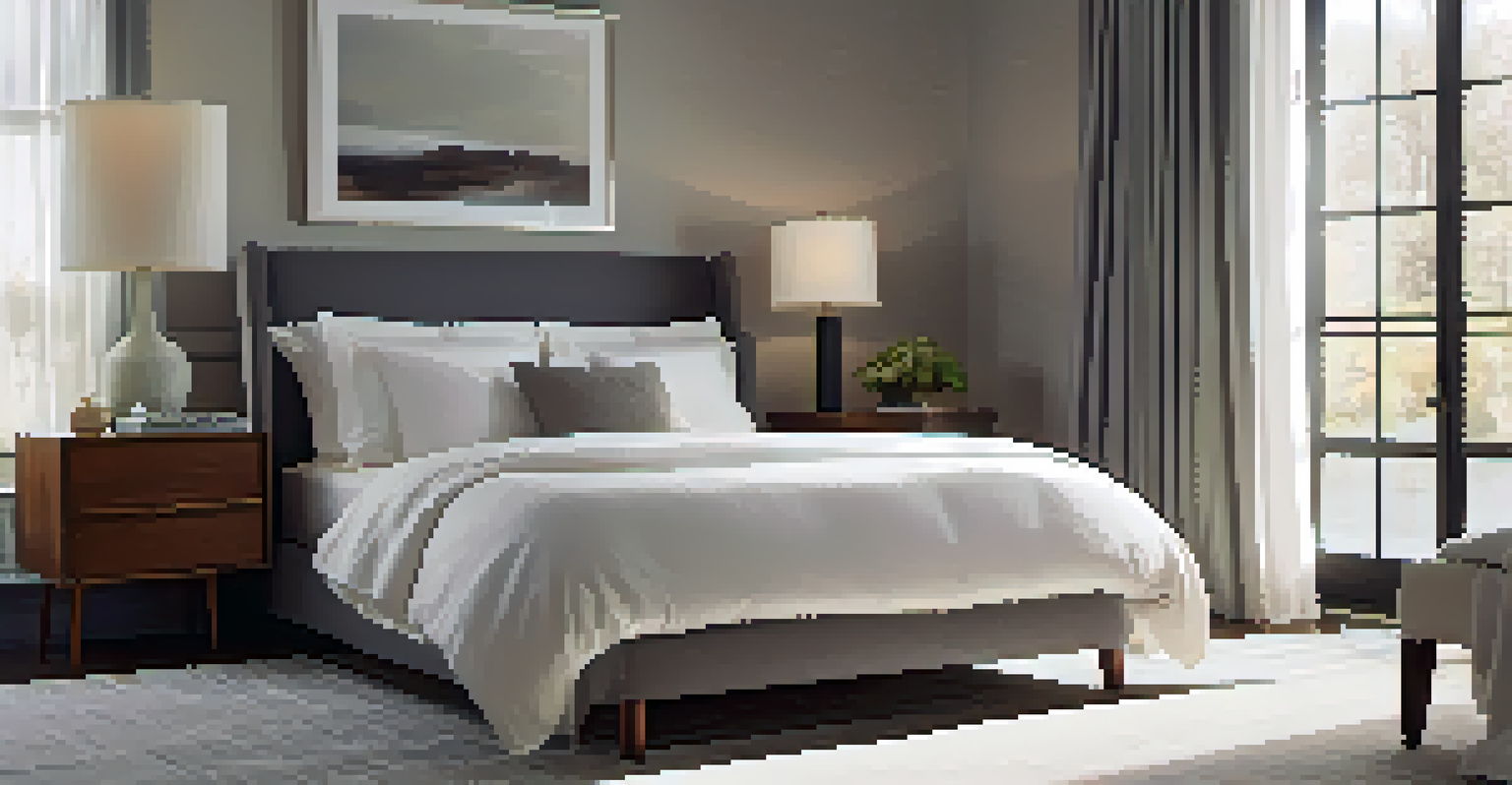 A serene bedroom with a neatly made bed, soft gray throw blanket, and large windows allowing gentle morning light to fill the room.