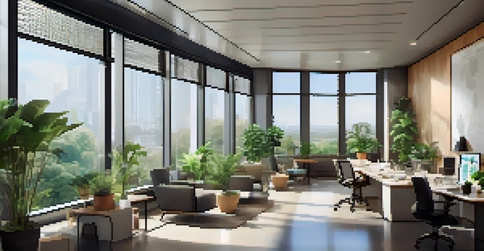 A modern real estate office with large windows, plants, and an agent discussing property listings with a couple.
