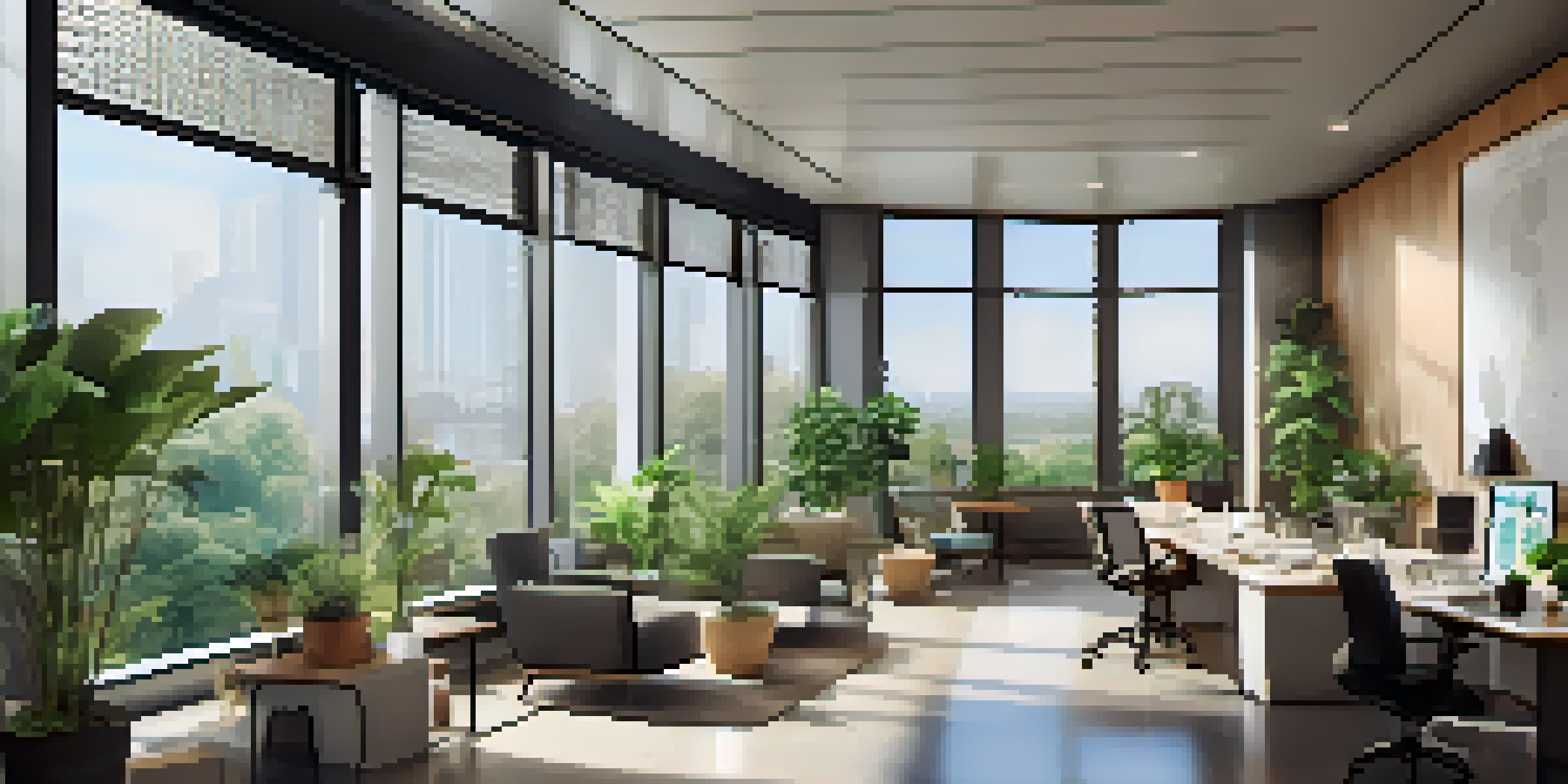 A modern real estate office with large windows, plants, and an agent discussing property listings with a couple.