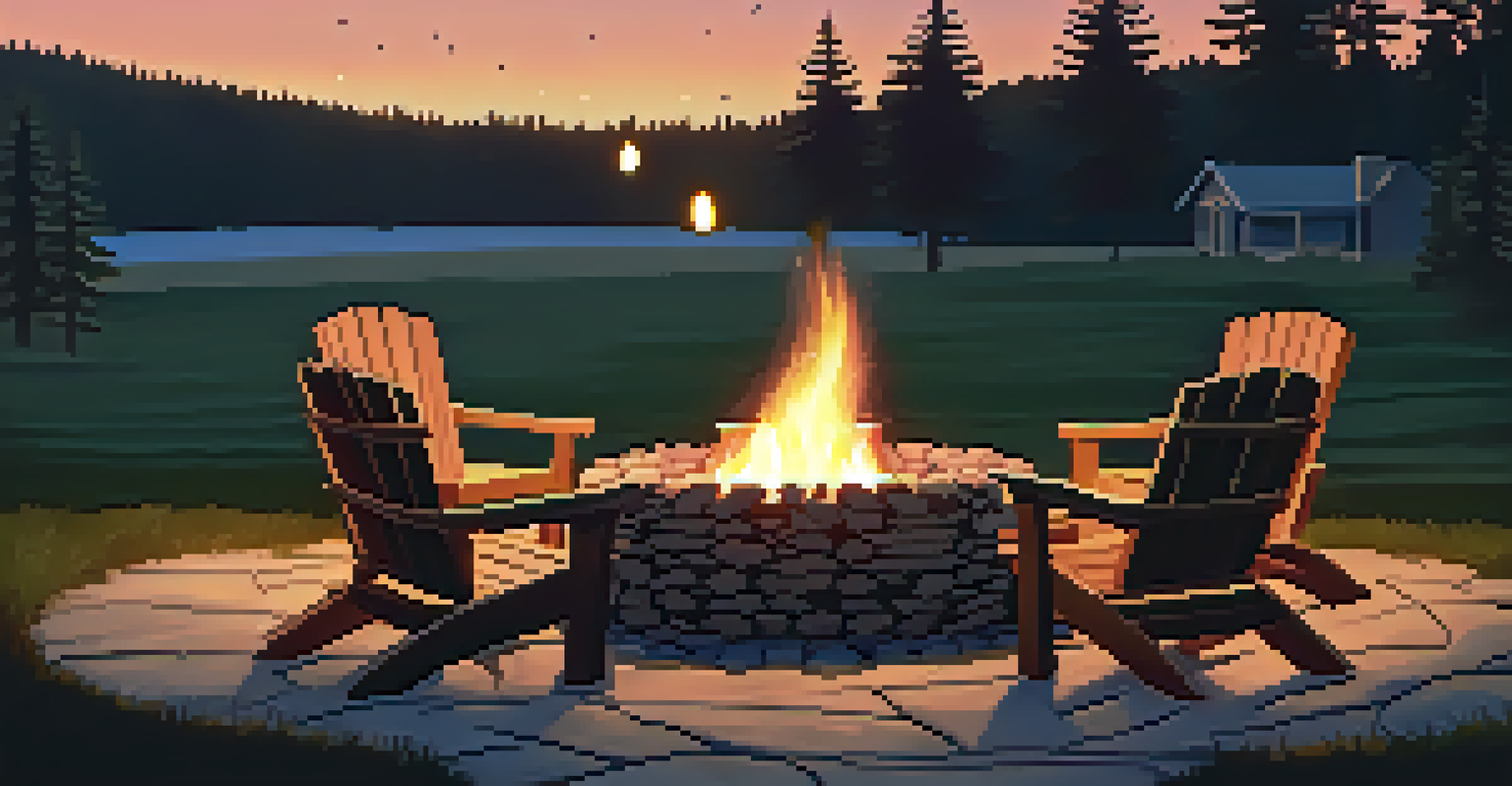 A lit stone fire pit surrounded by wooden benches, with a twilight sky and silhouettes of trees in the background.