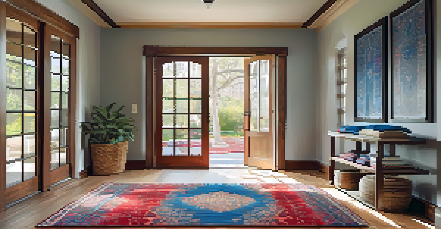 An entryway with a vibrant Persian rug, wooden flooring, a woven basket with throw blankets, and natural light coming through a window.