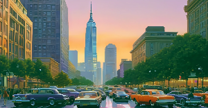 A vibrant city skyline at sunset with a mix of skyscrapers and historic buildings, and a busy street filled with people and vehicles.