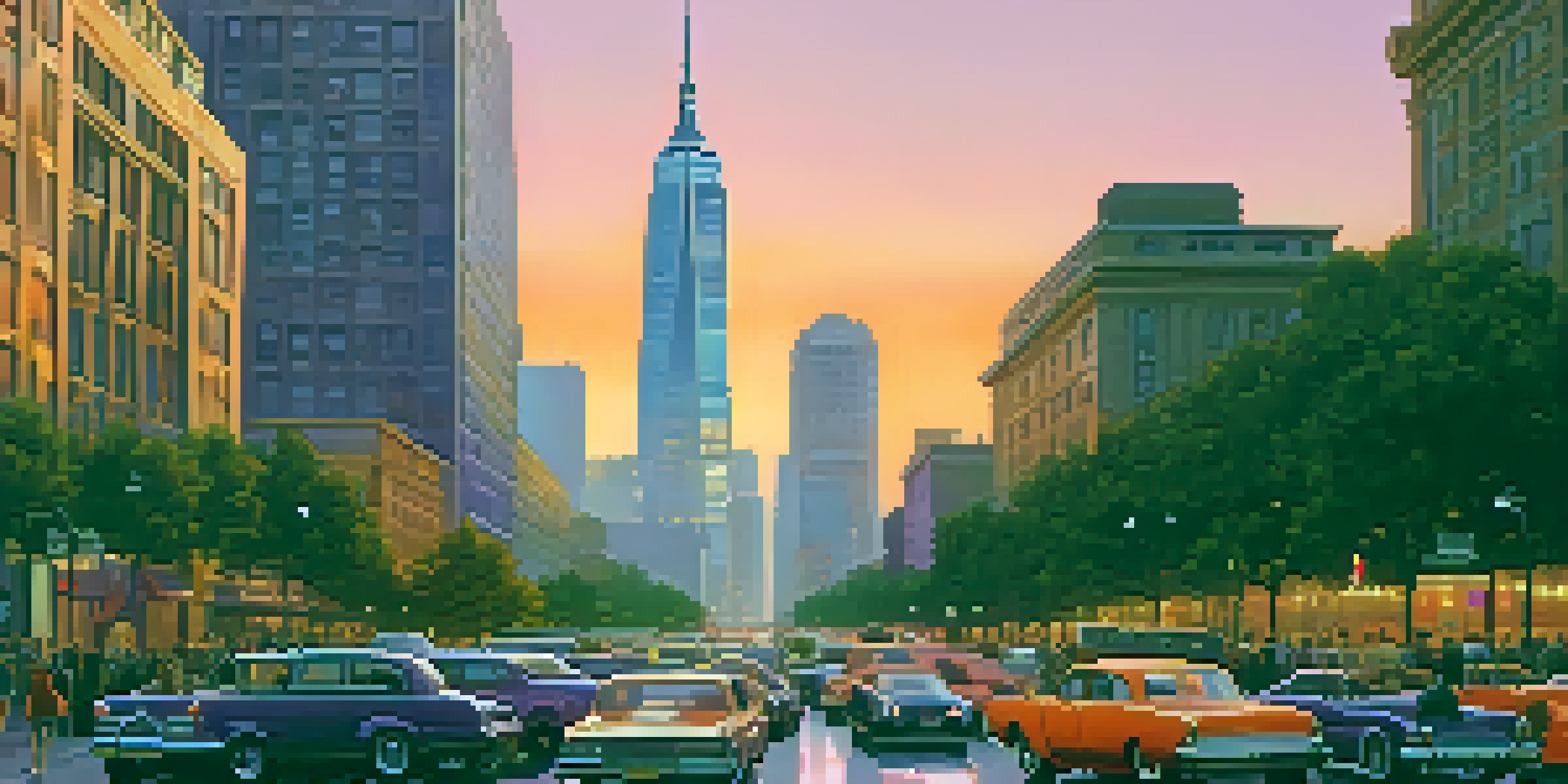 A vibrant city skyline at sunset with a mix of skyscrapers and historic buildings, and a busy street filled with people and vehicles.