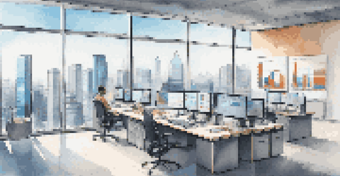 A contemporary real estate office featuring advanced technology and data analytics on display, with an urban view outside.