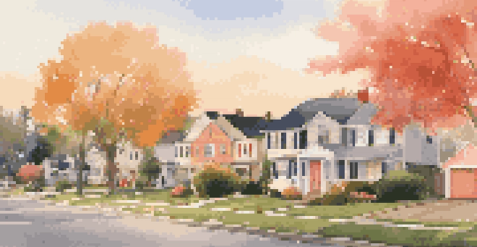 A picturesque suburban neighborhood at sunset with children playing on the grass and houses glowing in warm light.