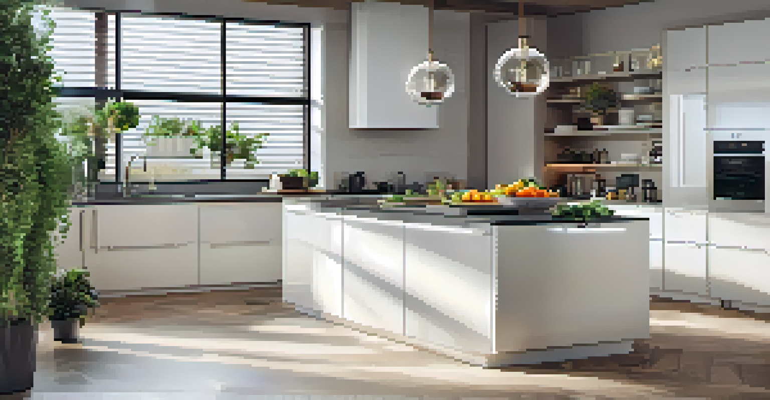A modern kitchen with white cabinets, marble countertops, and under-cabinet lighting.