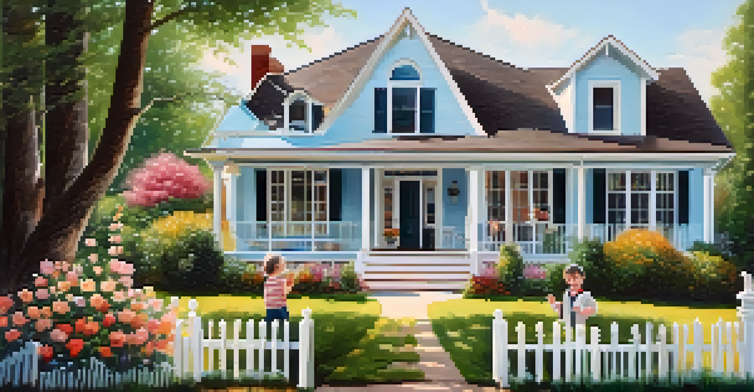 A happy family in front of their new home, showcasing a colorful house and a joyful atmosphere.
