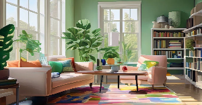 A cozy living room with a large window letting in sunlight, a plush sofa with colorful cushions, a wooden coffee table, and a bookshelf filled with books.