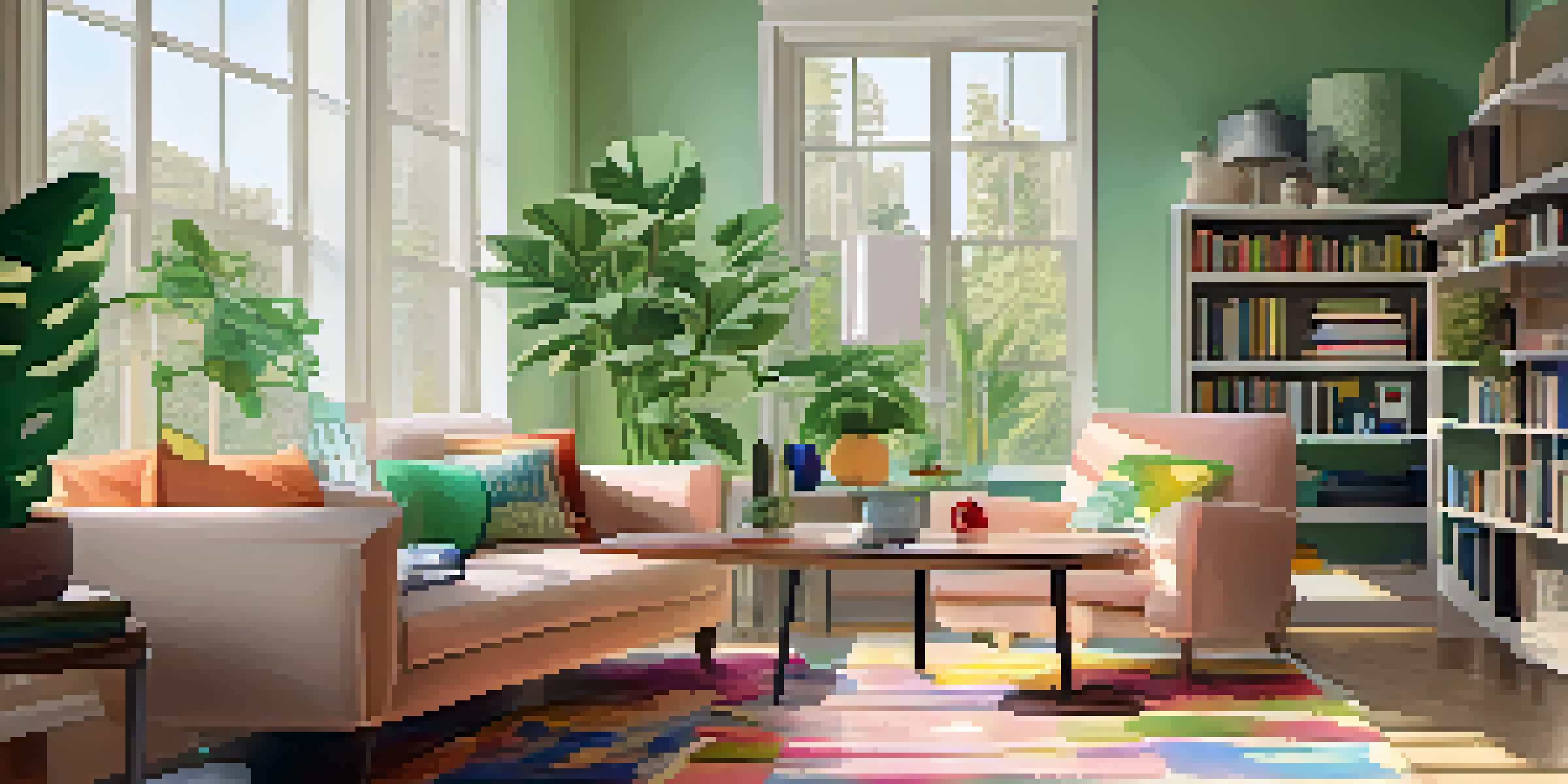 A cozy living room with a large window letting in sunlight, a plush sofa with colorful cushions, a wooden coffee table, and a bookshelf filled with books.