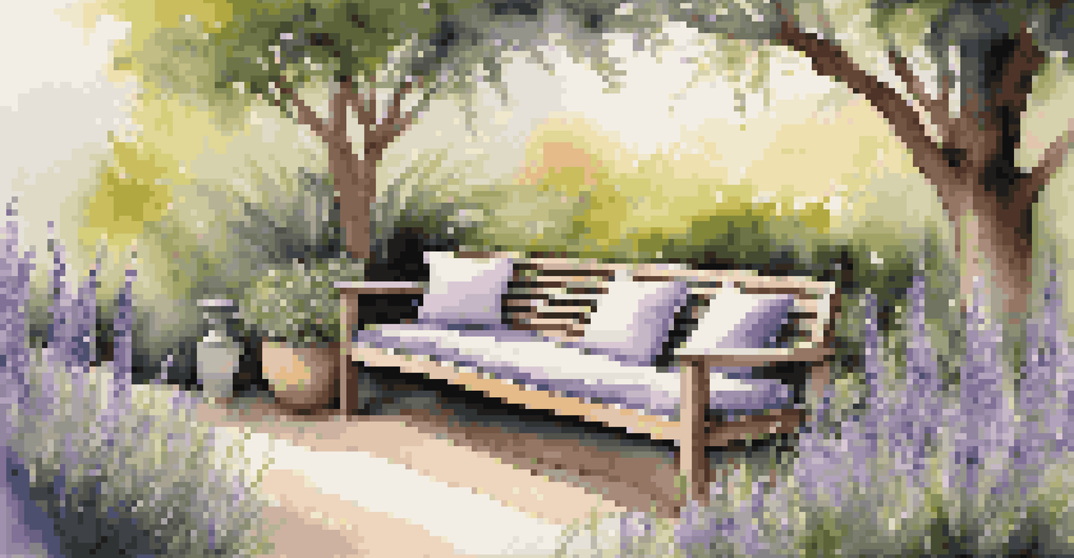 A comfortable seating area in a meditation garden with a wooden bench and cushions, surrounded by lavender and jasmine plants in warm light.